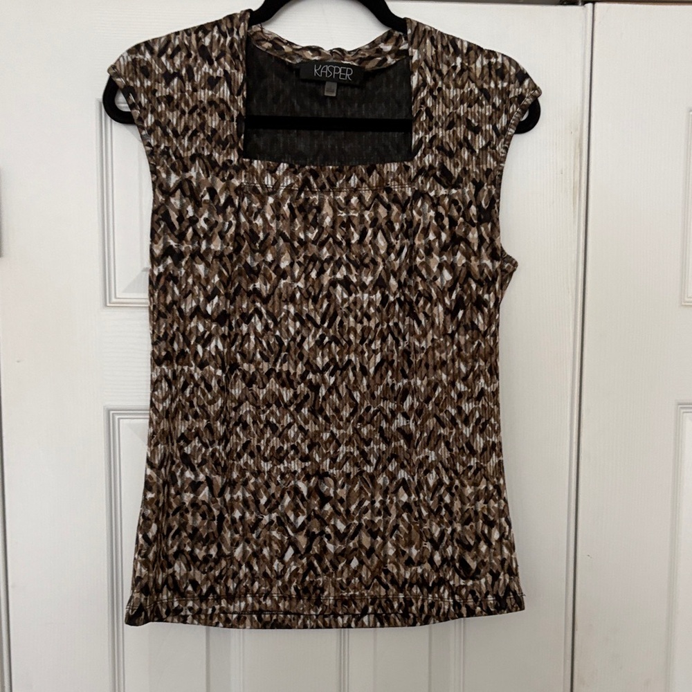 Kasper Brown Cream & Black Patterned Cap-Sleeve Top